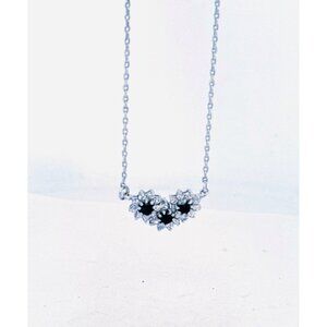 Sterling Silver 925 Black & White Gemstone Flower Pendant Necklace, 16"